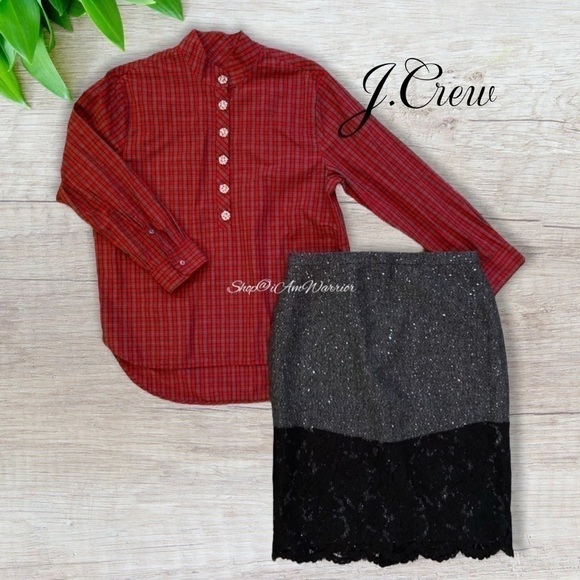 J.Crew red plaid jeweled button popover shirt @shop@iamwarrior - Picture 5 of 12